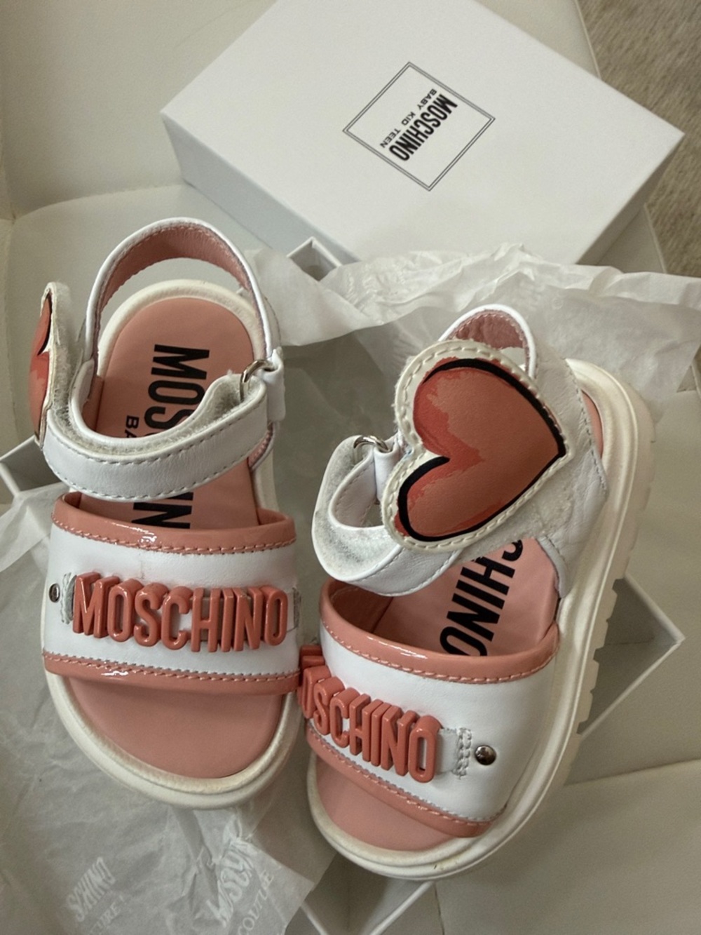 Moschino Kids White and Pink Heart Logo Sandals